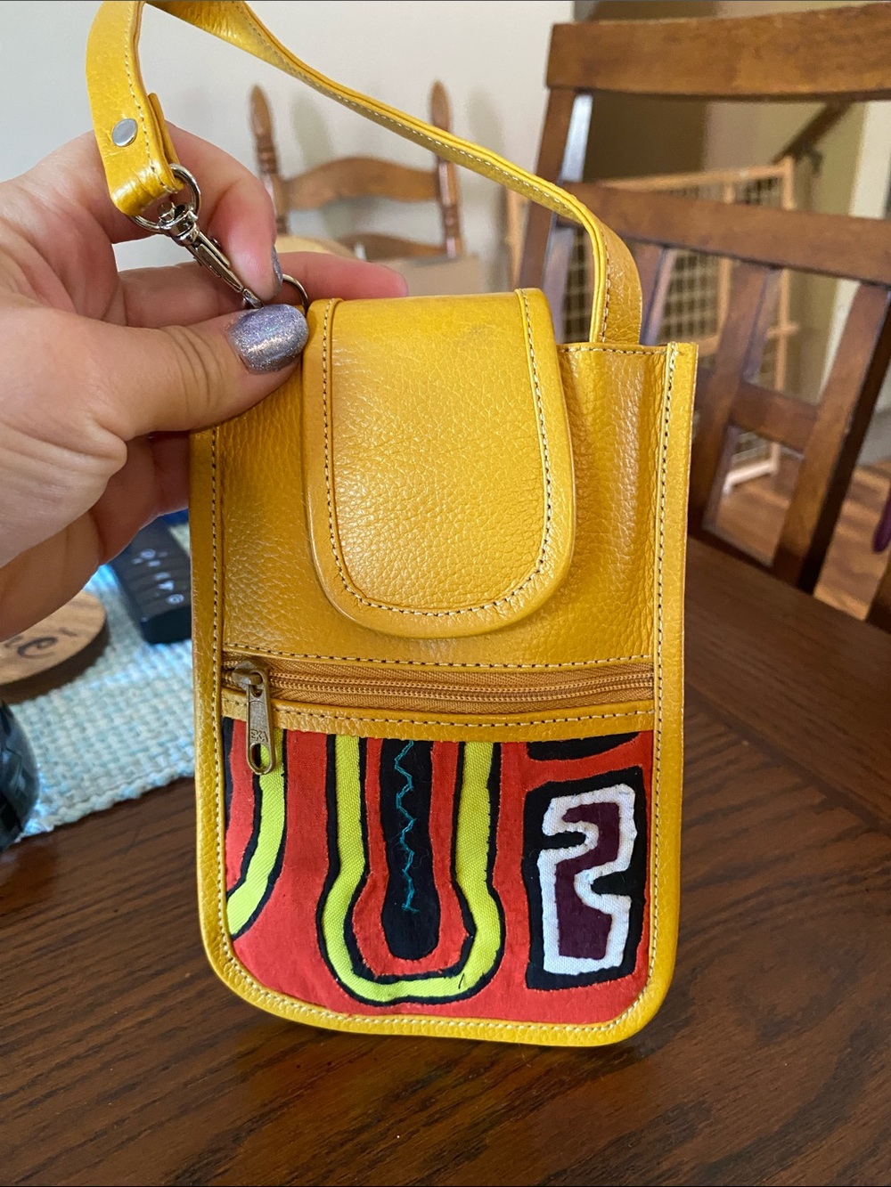 Yellow Leather Phone Crossbody Bag with Multicolor Embroidery